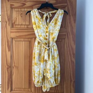 100% silk floral jumpsuit by Betsy Johnson, size 0 elasticized hem, vintage look